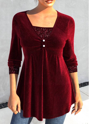 Wine Red tops,Plain Color tops,ROTITA Sequin Wine Red Square Neck T Shirt
