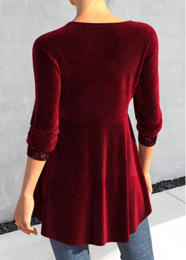 Wine Red tops,Plain Color tops,ROTITA Sequin Wine Red Square Neck T Shirt