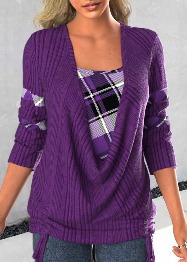 Dark Purple tops,Plaid tops,ROTITA Patchwork Plaid Dark Purple Square Neck Sweatshirt