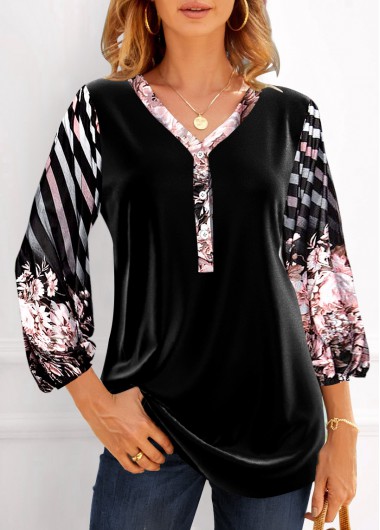 Black tops,Striped tops,Geometric tops,Floral tops,ROTITA Velvet Floral Print Black V Neck Blouse