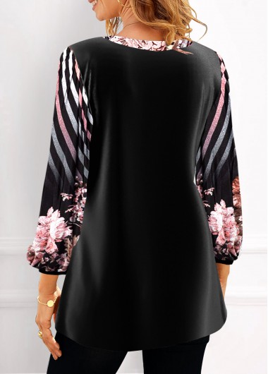Black tops,Striped tops,Geometric tops,Floral tops,ROTITA Velvet Floral Print Black V Neck Blouse