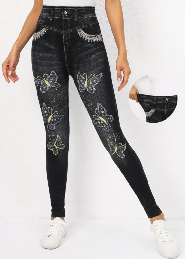 Black bottoms,Animal Print bottoms,Butterfly Print Black High Waisted Elastic Waist Leggings