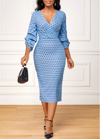 Dusty Blue dresses,Dot dresses,ROTITA Surplice Polka Dot Dusty Blue Bodycon Dress