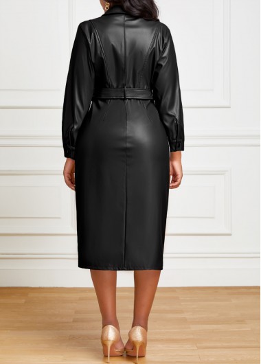 Black dresses,Plain Color dresses,ROTITA Black Belted Leather Snap Button Dress