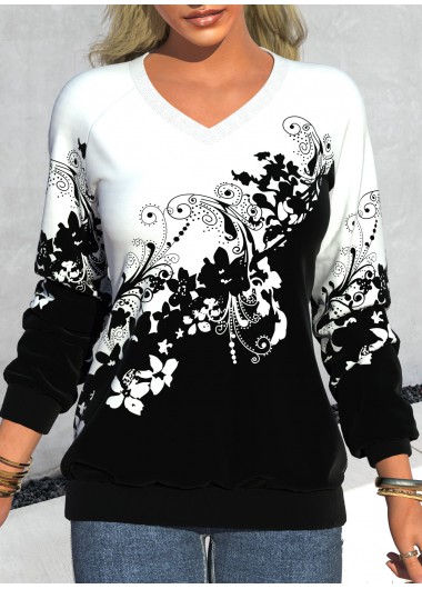 Black tops,Floral tops,ROTITA Floral Print Black V Neck Long Sleeve Sweatshirt