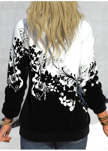 Black tops,Floral tops,ROTITA Floral Print Black V Neck Long Sleeve Sweatshirt