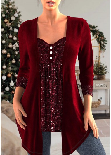 Wine Red tops,Plain Color tops,ROTITA Velvet Wine Red Heart Collar T Shirt