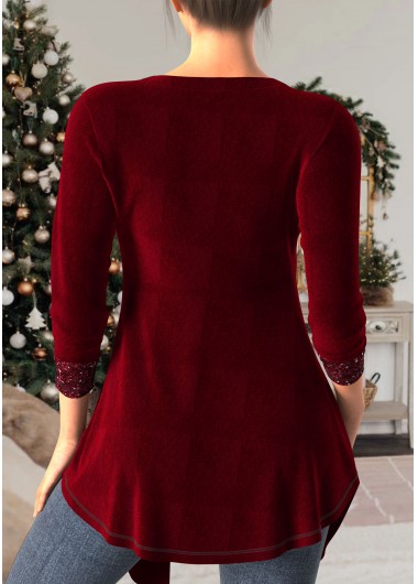 Wine Red tops,Plain Color tops,ROTITA Velvet Wine Red Heart Collar T Shirt