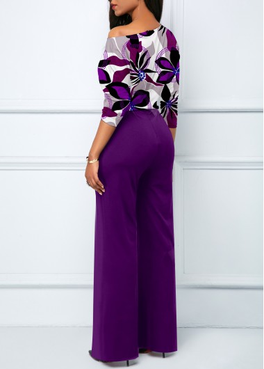 Purple jumpsuits&rompers,Floral jumpsuits&rompers,ROTITA Split Floral Print Purple Long Boat Neck Jumpsuit