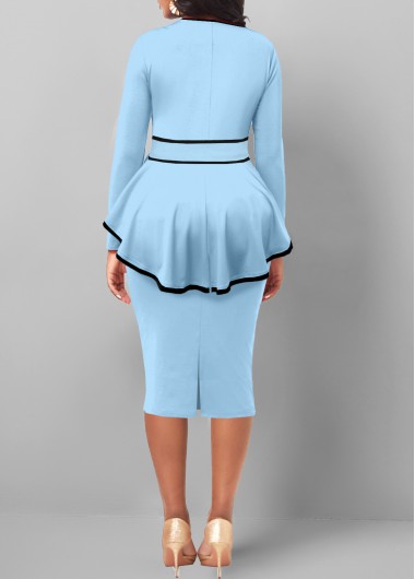 Light Blue dresses,Plain Color dresses,ROTITA Contrast Binding Light Blue Belted Bodycon Dress