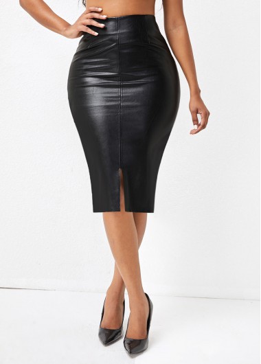 Black bottoms,Plain Color bottoms,ROTITA Split Black Elastic Waist Bodycon Skirt