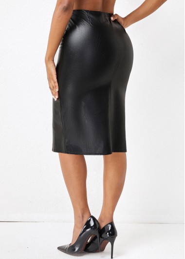 Black bottoms,Plain Color bottoms,ROTITA Split Black Elastic Waist Bodycon Skirt