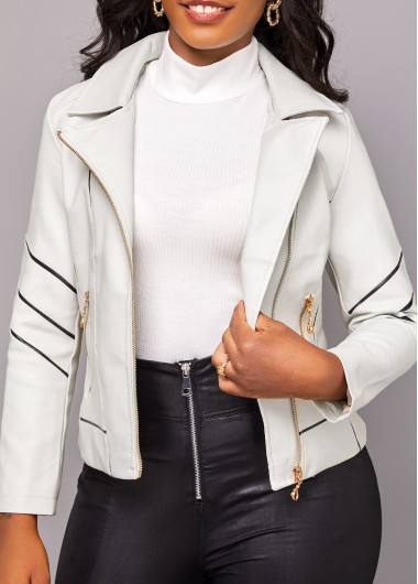 White outerwear & coats,Plain Color outerwear & coats,Zipper White Lapel Long Sleeve Jacket