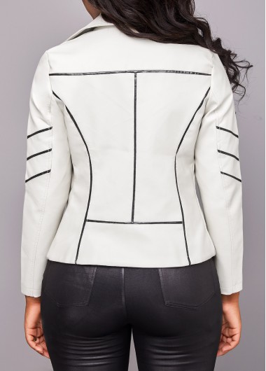 White outerwear & coats,Plain Color outerwear & coats,Zipper White Lapel Long Sleeve Jacket