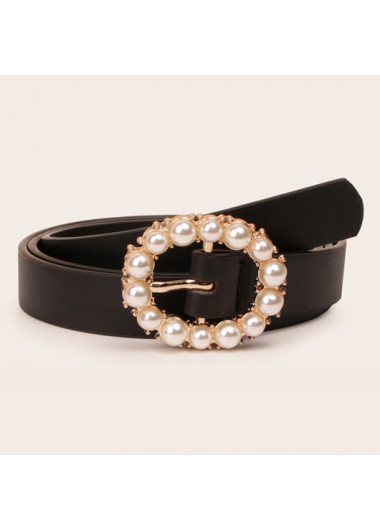 Black accessories,Plain Color accessories,Black Leather Metal Detail Pearl Belt