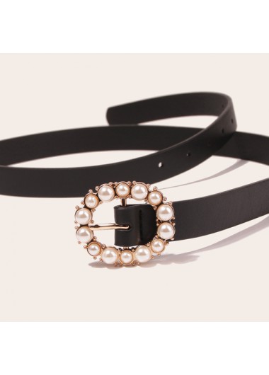 Black accessories,Plain Color accessories,Black Leather Metal Detail Pearl Belt