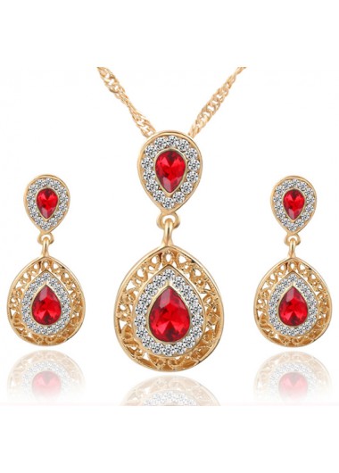 Red jewelry,Contrast Color jewelry,Teardrop Red Rhinestone Design Hollow Earrings and Necklace