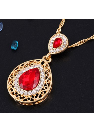 Red jewelry,Contrast Color jewelry,Teardrop Red Rhinestone Design Hollow Earrings and Necklace