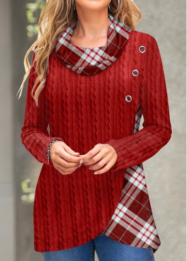 Red tops,Plaid tops,Geometric tops,ROTITA Twisted Plaid Red Cowl Neck Long Sleeve Sweatshirt