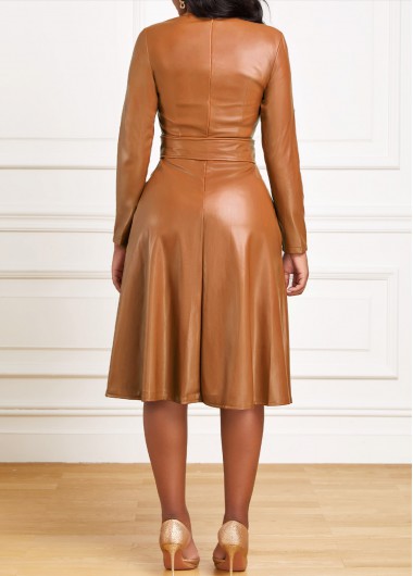 Dark Camel dresses,Plain Color dresses,ROTITA Faux Leather Dark Camel Belted Boat Neck Dress