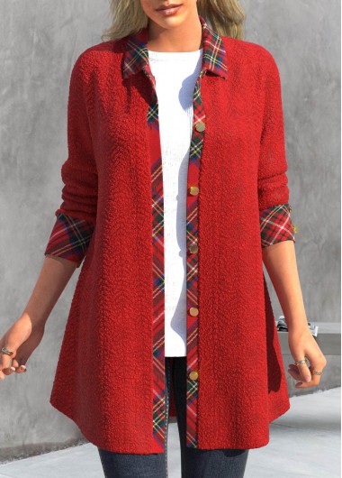 Red outerwear & coats,Plaid outerwear & coats,Geometric outerwear & coats,ROTITA Button Plaid Red Shirt Collar Long Sleeve Coat