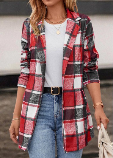 Red outerwear & coats,Plaid outerwear & coats,Pocket Plaid Red Lapel Long Sleeve Coat