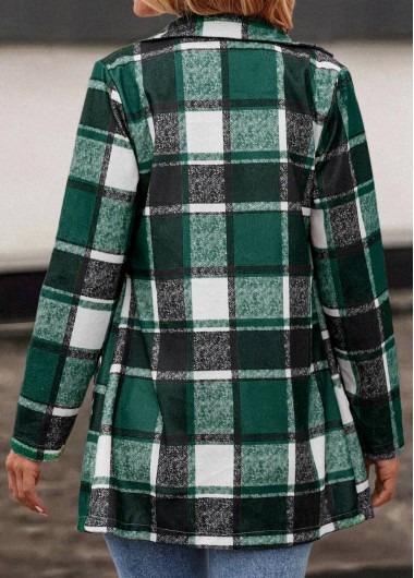 Green outerwear & coats,Plaid outerwear & coats,Pocket Plaid Green Lapel Long Sleeve Coat