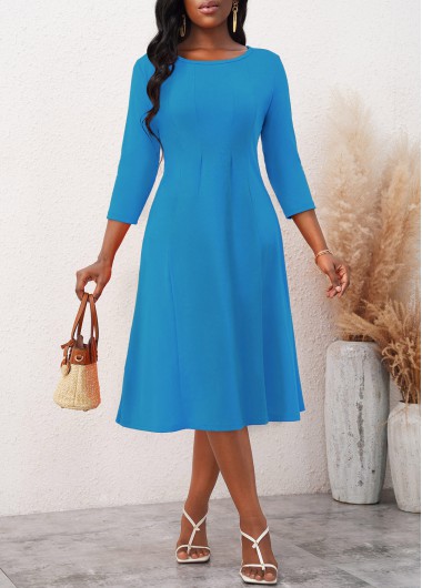 Neon Blue dresses,Plain Color dresses,ROTITA 3/4 Sleeve Round Neck Neon Blue Dress