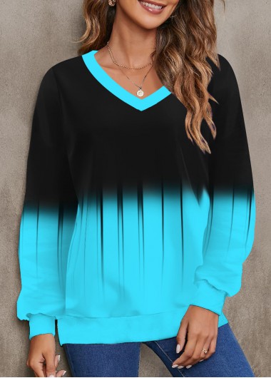 Cyan tops,Ombre tops,ROTITA Ombre Cyan V Neck Long Sleeve Sweatshirt