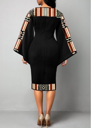 Black dresses,Tribal dresses,Striped dresses,Party dresses,Elegant dresses,ROTITA Tummy Coverage African Tribal Print Black Bodycon Dress