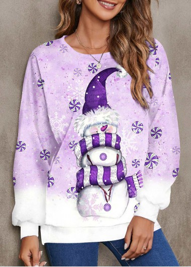 Purple plus size,Christmas plus size,ROTITA Plus Size Purple Snowman Print Round Neck Sweatshirt