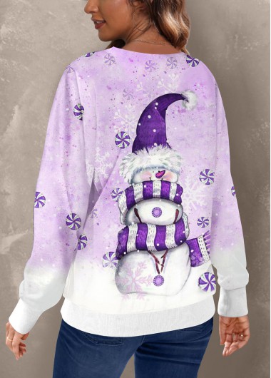 Purple plus size,Christmas plus size,ROTITA Plus Size Purple Snowman Print Round Neck Sweatshirt
