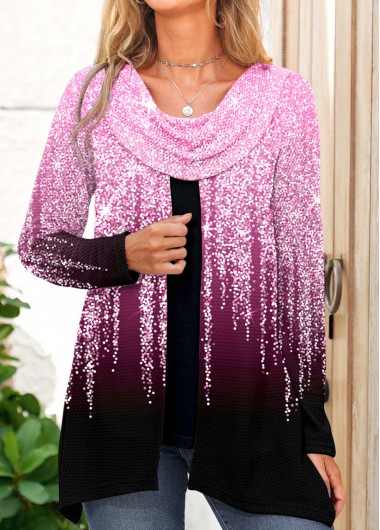 Pink plus size,Ombre plus size,ROTITA Shinning Print Draped Neck Plus Size Pink Sweatshirt
