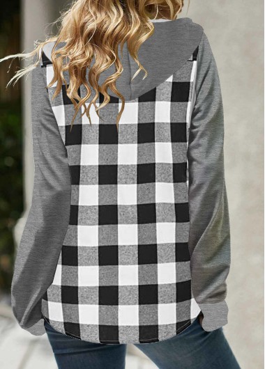 White plus size,Plaid plus size,Geometric plus size,ROTITA Plus Size Pocket White Plaid Long Sleeve Hoodie
