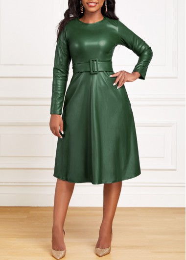 Green dresses,Plain Color dresses,ROTITA Green Belted Boat Neck Long Sleeve Dress