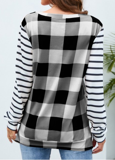 White tops,Plaid tops,Striped tops,Geometric tops,Plaid White Round Neck Long Sleeve T Shirt