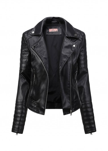 Black outerwear & coats,Plain Color outerwear & coats,Zipper Black Lapel Long Sleeve Jacket