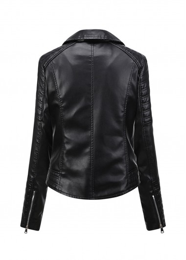 Black outerwear & coats,Plain Color outerwear & coats,Zipper Black Lapel Long Sleeve Jacket