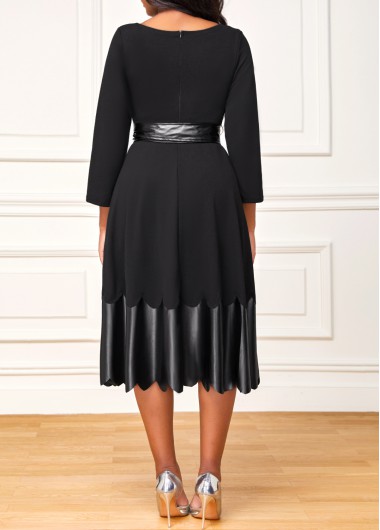 Black dresses,Plain Color dresses,ROTITA 3/4 Sleeve Black Scalloped Hem Belted Dress