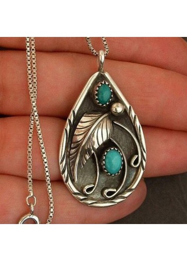 Turquoise jewelry,Contrast Color jewelry,Turquoise Feather Design Teardrop Metal Necklace