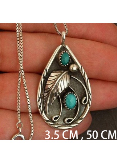 Turquoise jewelry,Contrast Color jewelry,Turquoise Feather Design Teardrop Metal Necklace