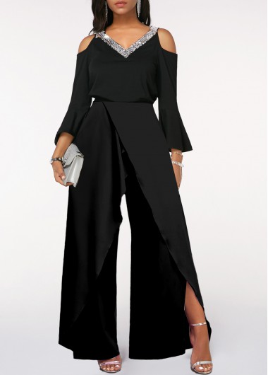 Black jumpsuits & rompers,Plain Color jumpsuits & rompers,ROTITA Sequin Black Long Sleeve V Neck Jumpsuit