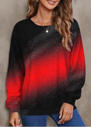 Red tops,Ombre tops,ROTITA Ombre Red Round Neck Long Sleeve Sweatshirt
