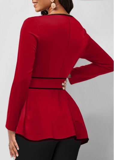 Red tops,Plain Color tops,ROTITA Contrast Binding Red Belted Round Neck T Shirt