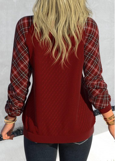 Deep Red tops,Plaid tops,Striped tops,ROTITA Patchwork Plaid Deep Red V Neck Sweatshirt