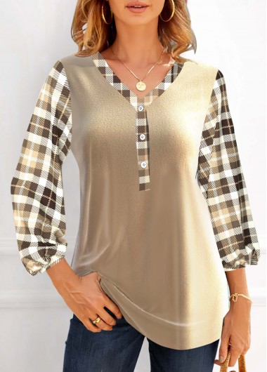 Champagne tops,Plaid tops,ROTITA 3/4 Sleeve Champagne Velvet Plaid Blouse