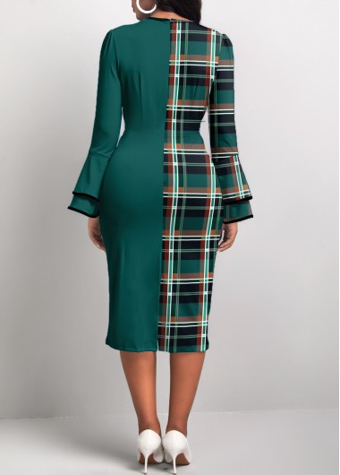 Green dresses,Plaid dresses,Geometric dresses,ROTITA Patchwork Plaid Green Round Neck Bodycon Dress