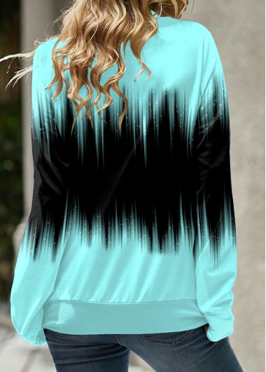 Cyan tops,Ombre tops,ROTITA Drawstring Ombre Cyan Cowl Neck Long Sleeve Sweatshirt