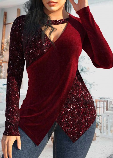 Wine Red tops,Plain Color tops,ROTITA Sequin Wine Red V Neck T Shirt