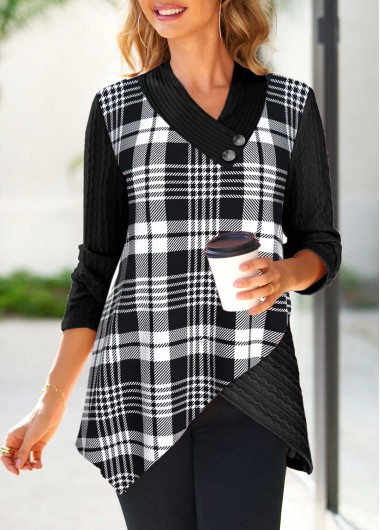 Black tops,Plaid tops,Striped tops,ROTITA Surplice Plaid Black V Neck Long Sleeve Sweatshirt
